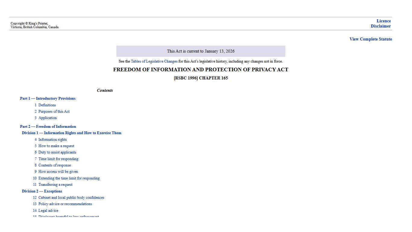 Table of Contents - Freedom of Information and Protection of Privacy Act